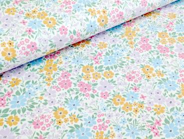 Baumwolljersey Pastell Blumenwiese Cremeweiss